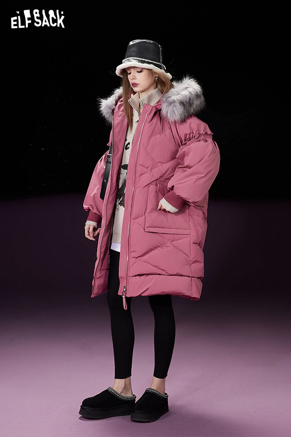 ELFSACK Detachable Hooded Warm Down Coats Women Mid-length Cargo Coats