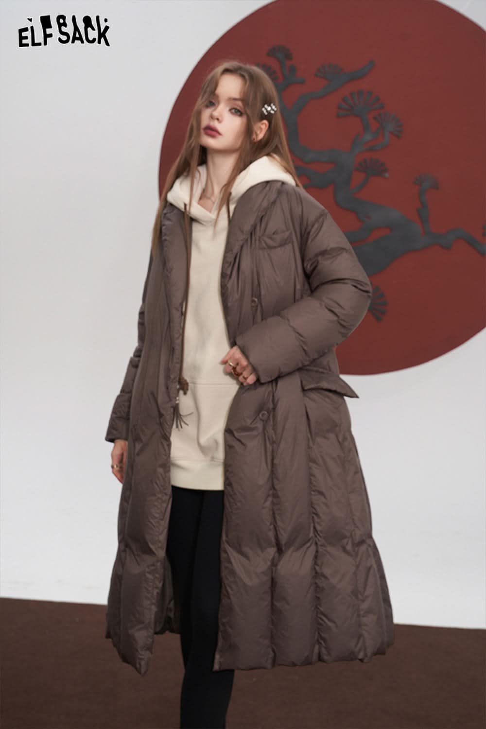 ELFSACK Solid Pure Long Down Jacket Women Warm Coats