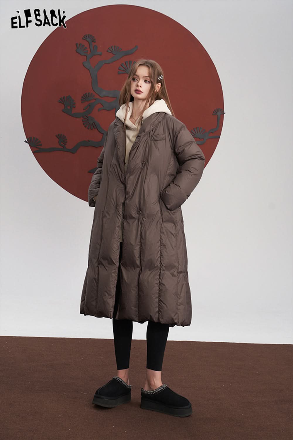 ELFSACK Solid Pure Long Down Jacket Women Warm Coats