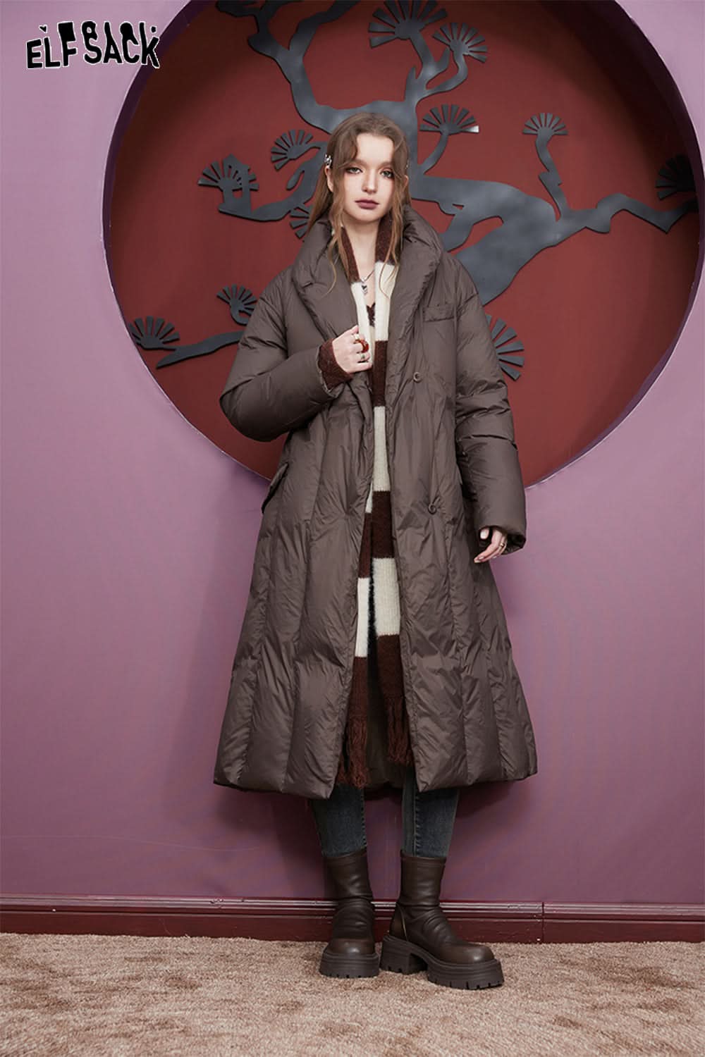 ELFSACK Solid Pure Long Down Jacket Women Warm Coats