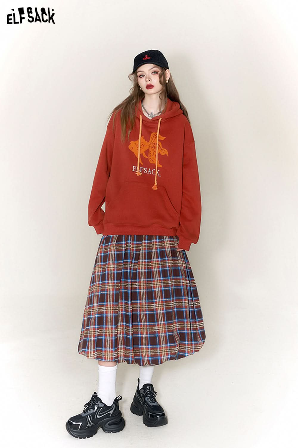 ELFSACK Checkered Pleated Skirt Woman Chinese Style Designer Skirt