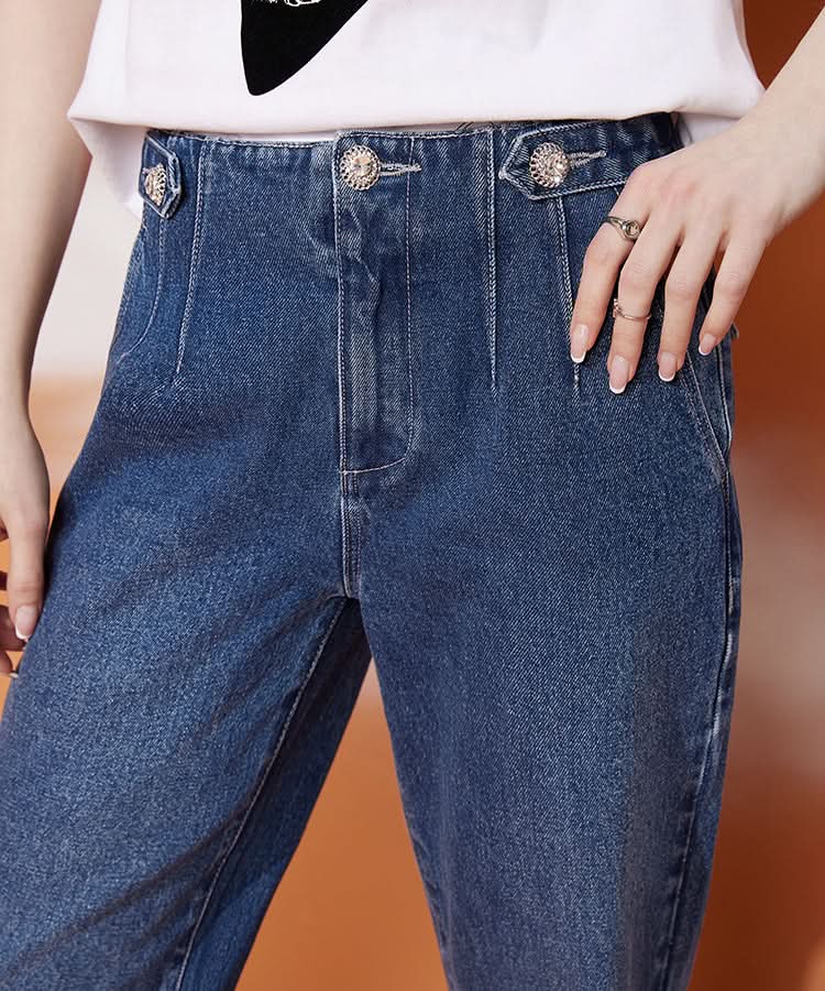 ELFSACK high waist denim with decorative buttons and hand showing rings stylish blue jeans for ladies