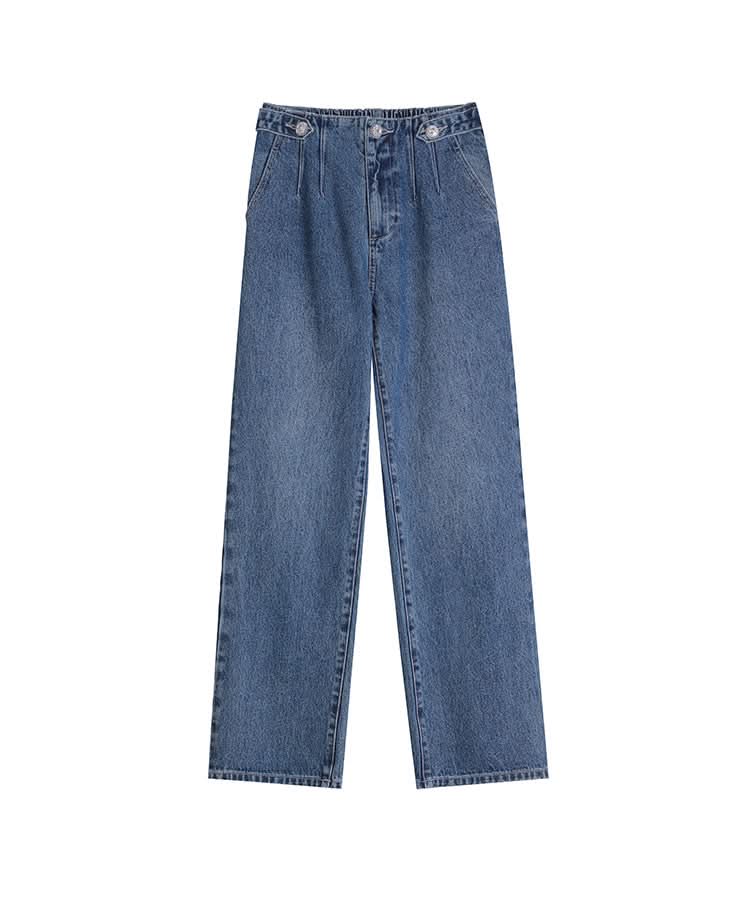 ELFSACK stylish blue jeans for ladies high waist pleated front straight leg relaxed fit