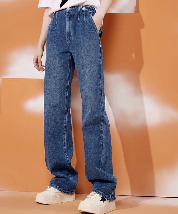 ELFSACK high waist wide leg denim jeans modeled with sneakers stylish blue jeans for ladies relaxed fit