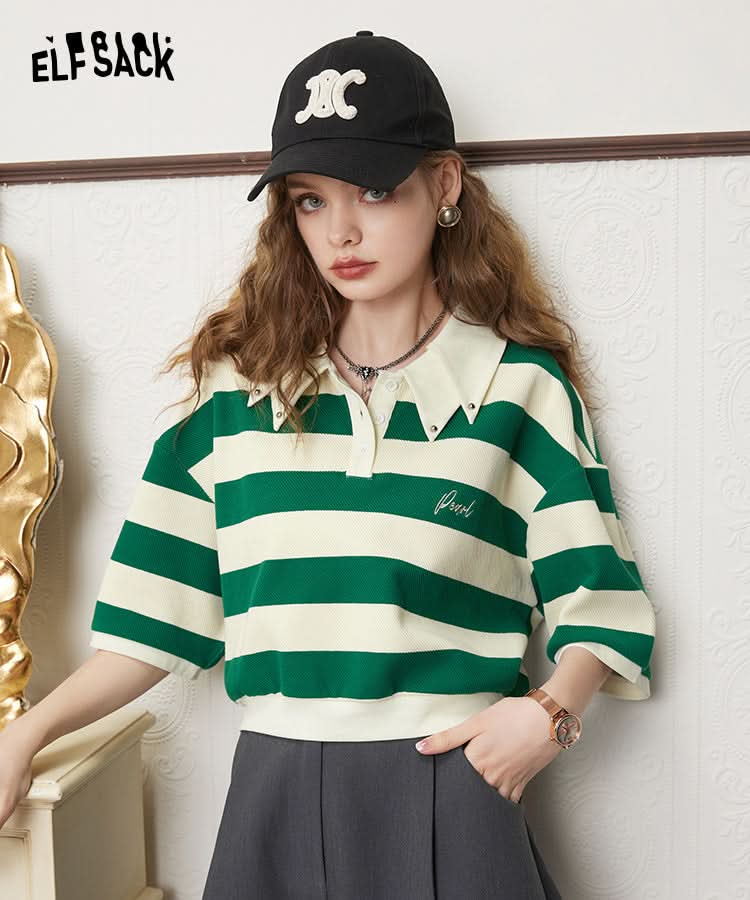 ELFSACK Sweet Punk green and white striped T-shirt with unique collar detail worn by model