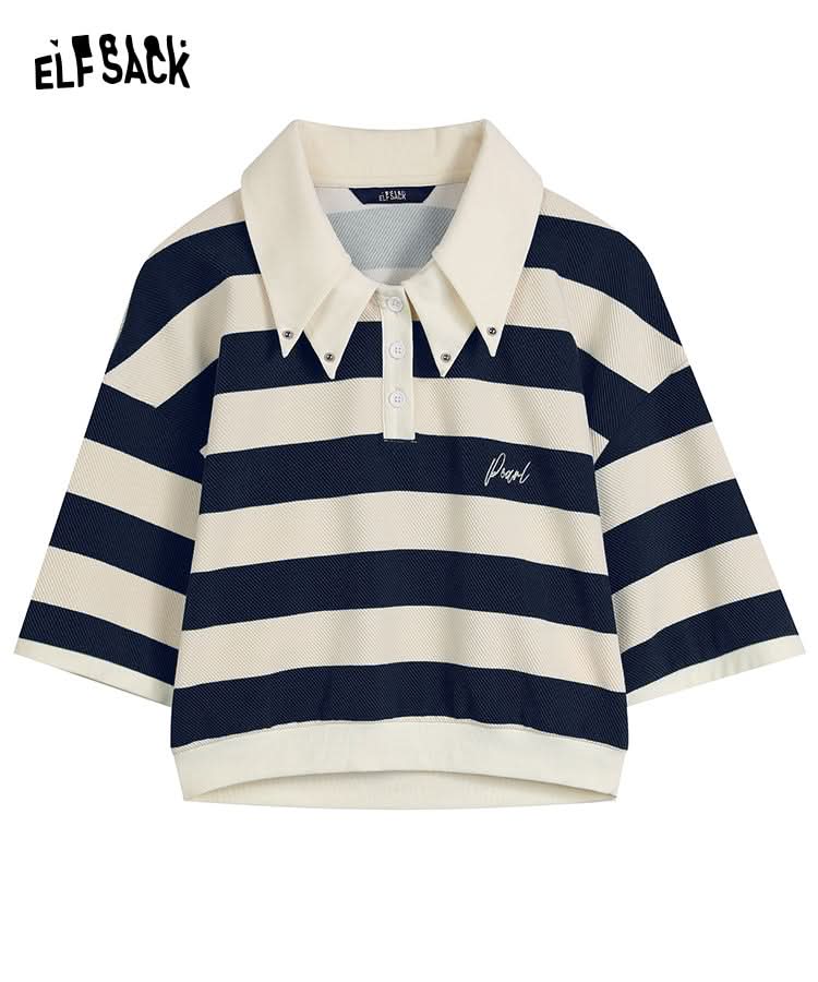ELFSACK Sweet Punk navy and white striped polo style T-shirt with short sleeves and button collar