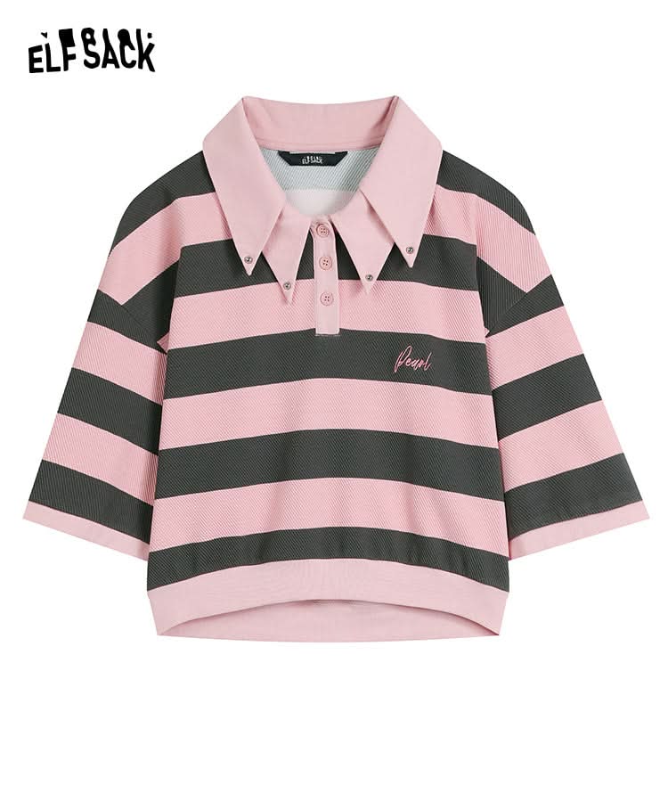 ELFSACK Sweet Punk pink and black striped polo t-shirt with oversized collar and short sleeves