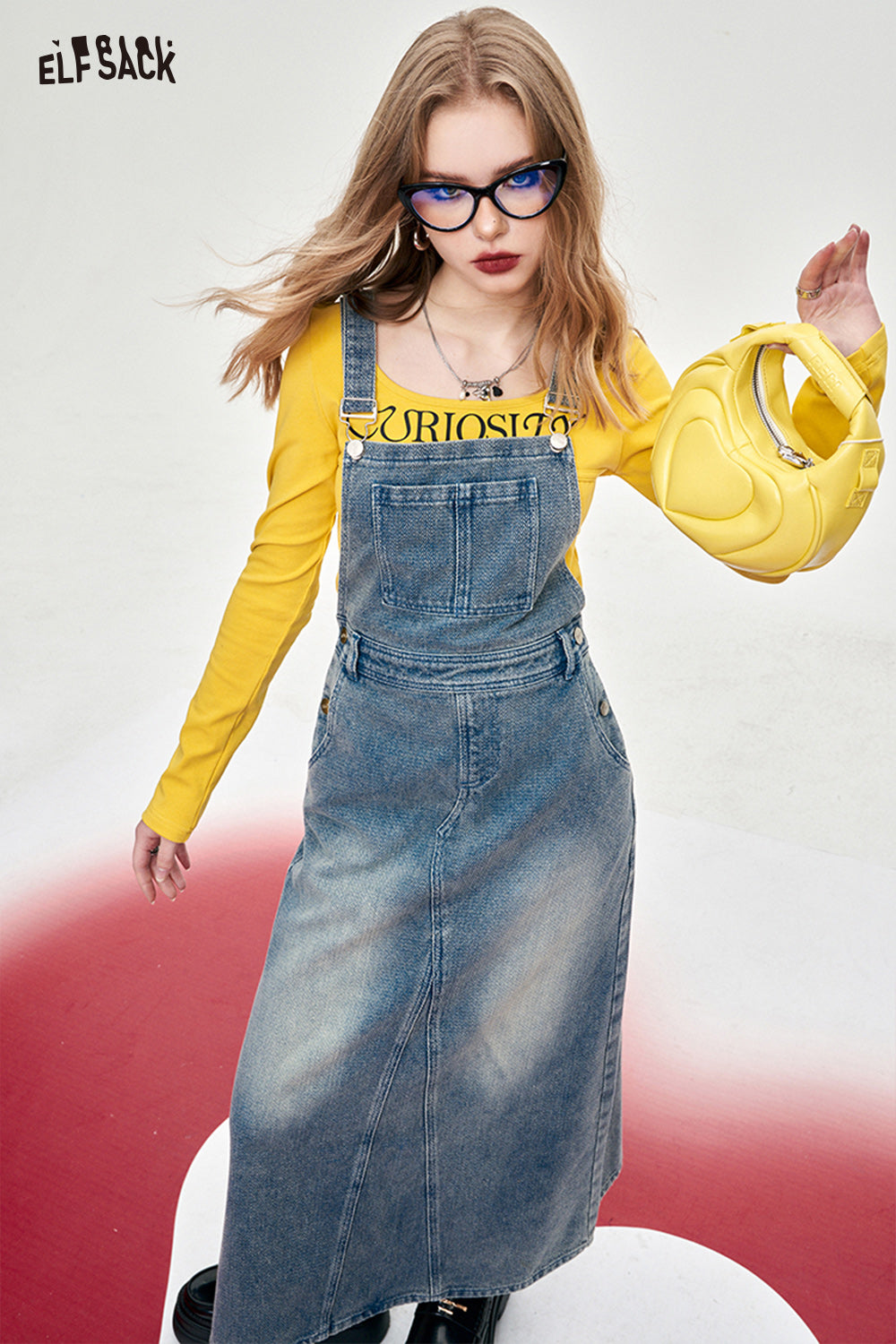 ELFSACK high rise denim material pinafore dress spring slim street style straight denim dress A pendulum mid long length dress