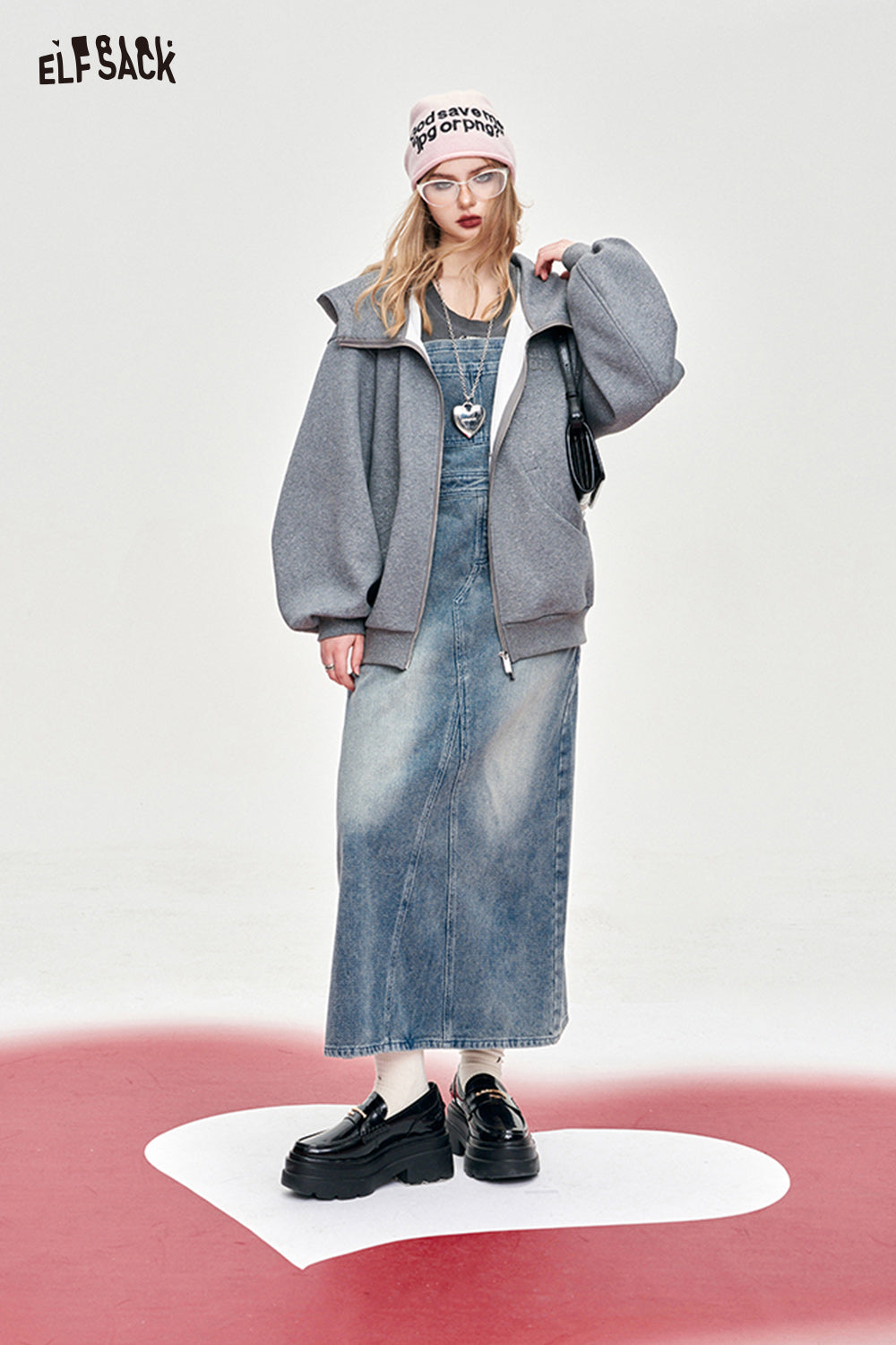 ELFSACK high rise denim material pinafore dress spring slim street style straight denim dress A pendulum mid long length dress