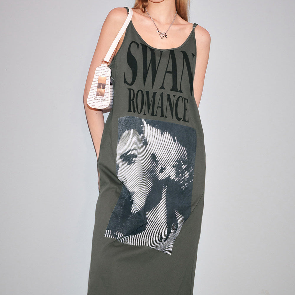 ELFSACK American style u-neck poster printing slip dress for women 2024 new fashion loose casual bdress pullovers mid long length dress