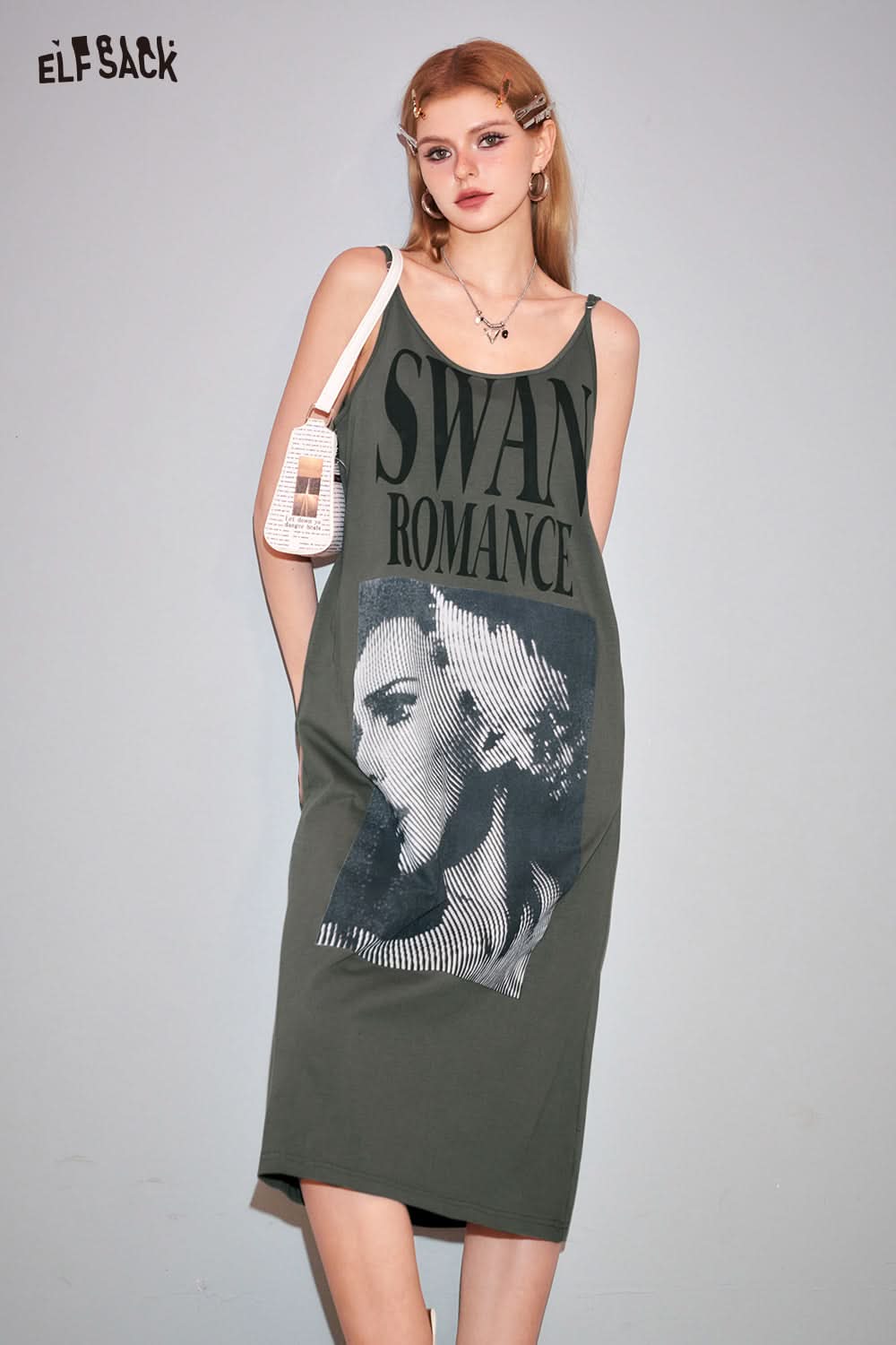 ELFSACK American style u-neck poster printing slip dress fashion loose casual bdress pullovers mid long length dress