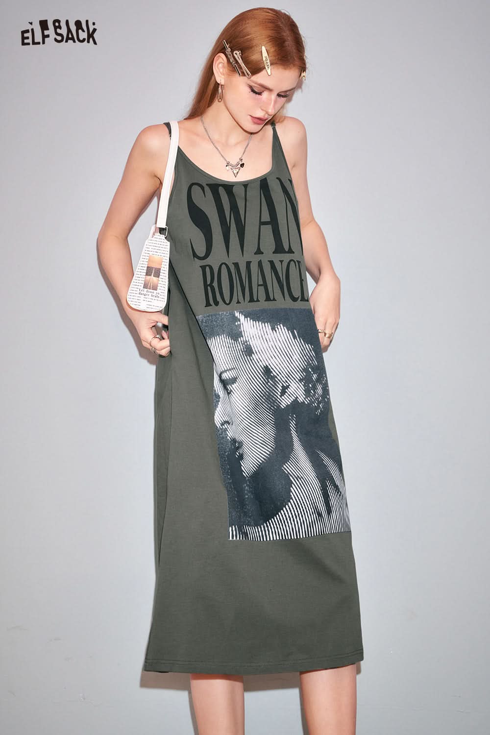 ELFSACK American style u-neck poster printing slip dress fashion loose casual bdress pullovers mid long length dress