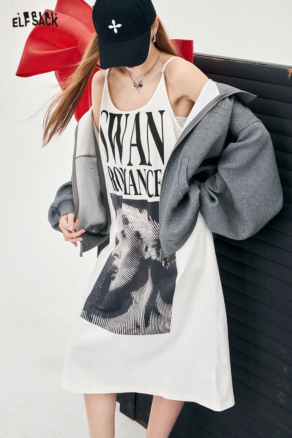 ELFSACK American style u-neck poster printing slip dress fashion loose casual bdress pullovers mid long length dress