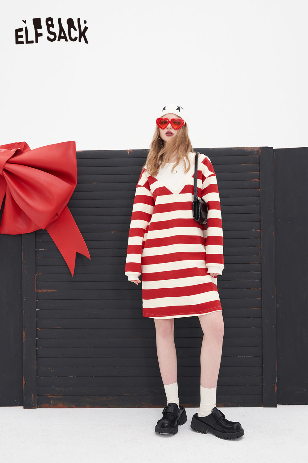 ELFSACK slip stripe off the shoulder knit fabric women's t-shirt dress spring mid long length casual style dress crew neck fake two pieces stripe dress