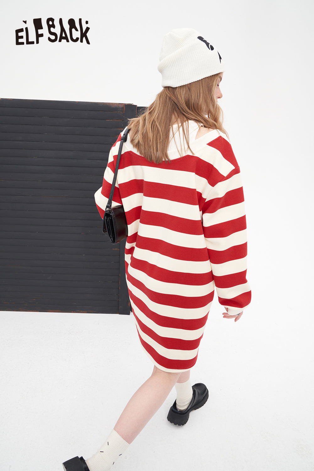 ELFSACK slip stripe off the shoulder knit fabric women's t-shirt dress spring mid long length casual style dress crew neck fake two pieces stripe dress