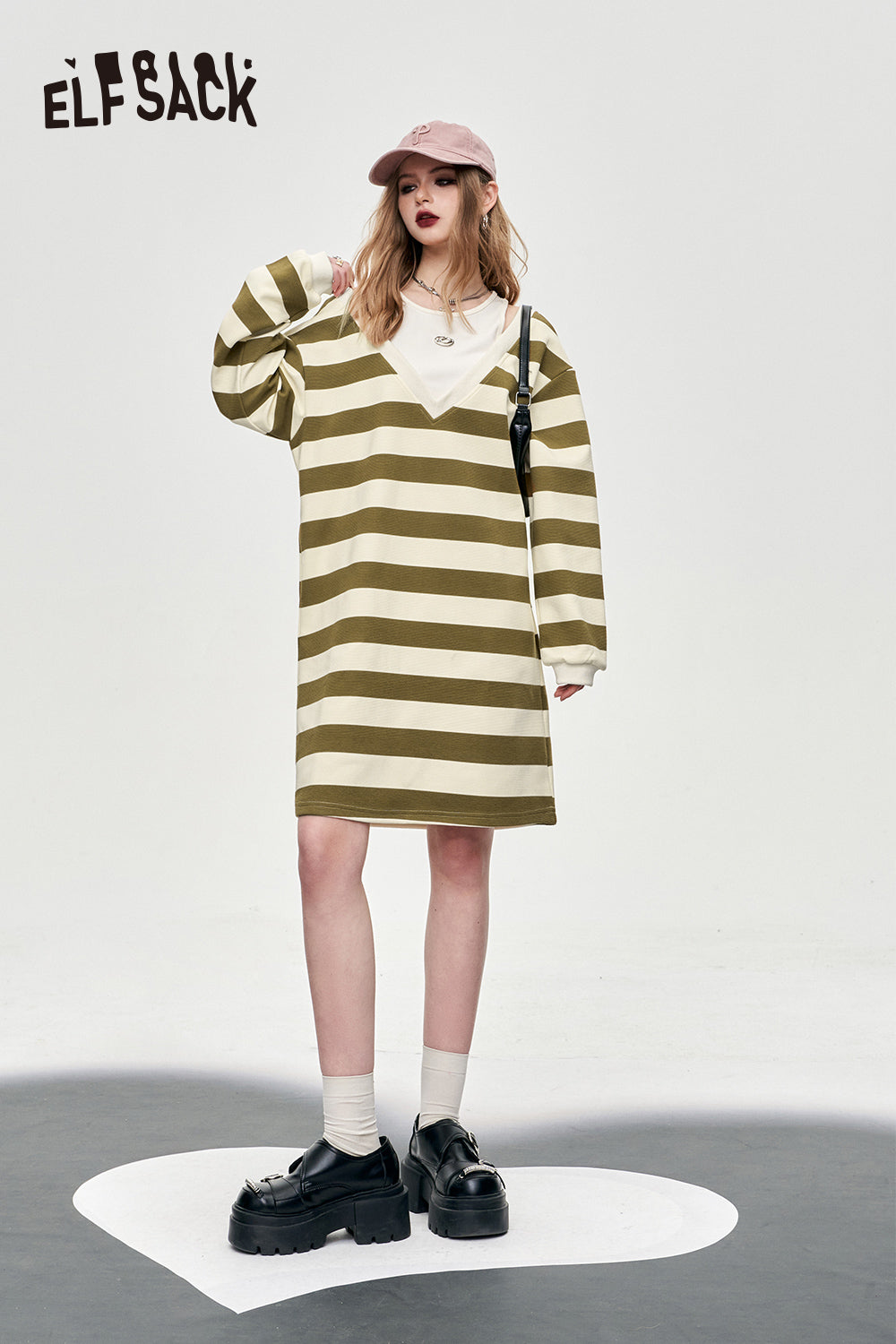 ELFSACK slip stripe off the shoulder knit fabric women's t-shirt dress spring mid long length casual style dress crew neck fake two pieces stripe dress