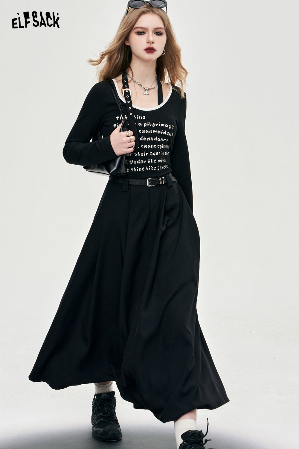 ELFSACK low cut neck contrast alphabet printing pullover dress spring sweet mid long length thin halter neck dress