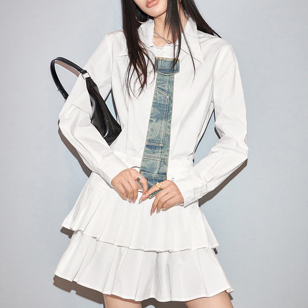 
                  
                    ELFSACK American Style academic style white women's shirting dress fit in spring lapel casual long sleeve A-line dress
                  
                