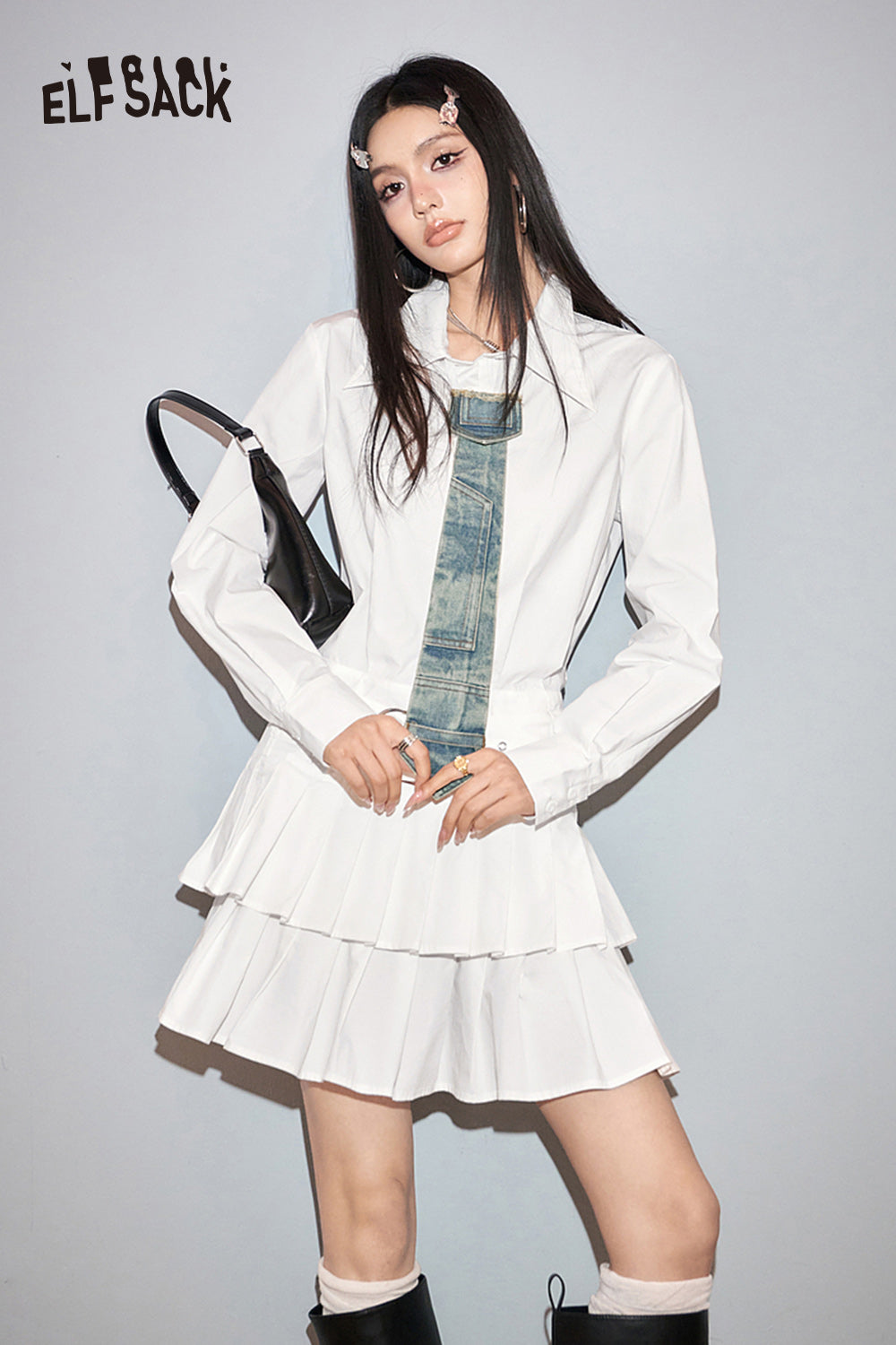 ELFSACK American Style academic style white women's shirting dress fit in spring lapel casual long sleeve A-line dress