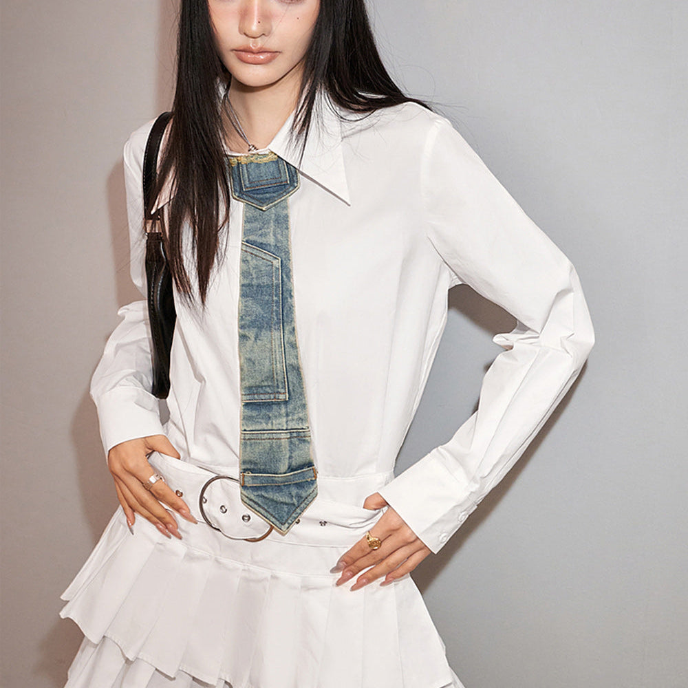 ELFSACK American Style academic style white women's shirting dress fit in spring lapel casual long sleeve A-line dress