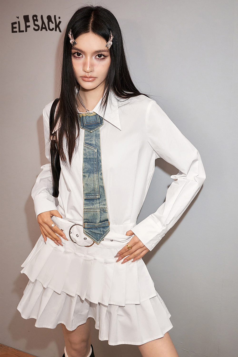 ELFSACK American Style academic style white women's shirting dress fit in spring lapel casual long sleeve A-line dress