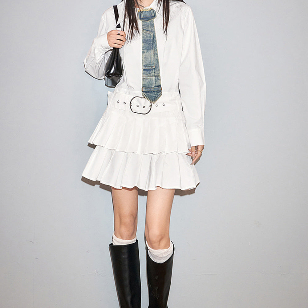 
                  
                    ELFSACK American Style academic style white women's shirting dress fit in spring lapel casual long sleeve A-line dress
                  
                