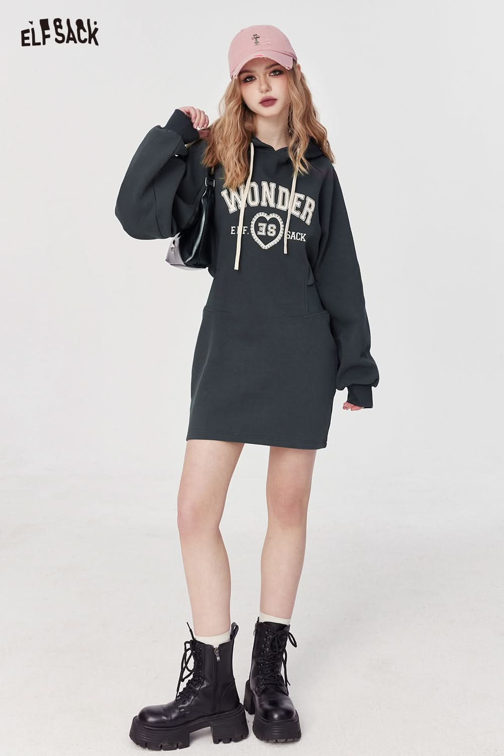 ELFSACK alphabet printing hooded dress women's mid rise long sleeve pullovers dress spring fashion A pendulum casual dress