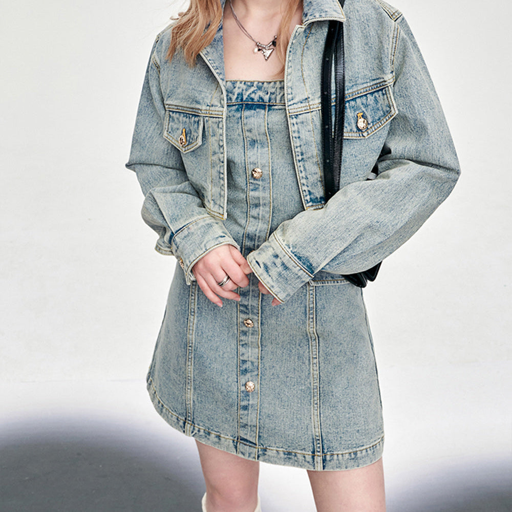 ELFSACK American style 2024 spring new slim denim dress set young and sweet style dress A pendulum short length button front dress