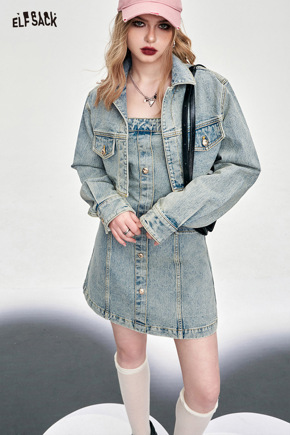 ELFSACK American style spring slim denim dress set young and sweet style dress A pendulum short length button front dress