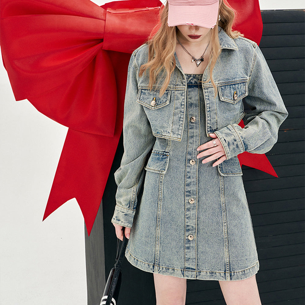 ELFSACK American style 2024 spring new slim denim dress set young and sweet style dress A pendulum short length button front dress