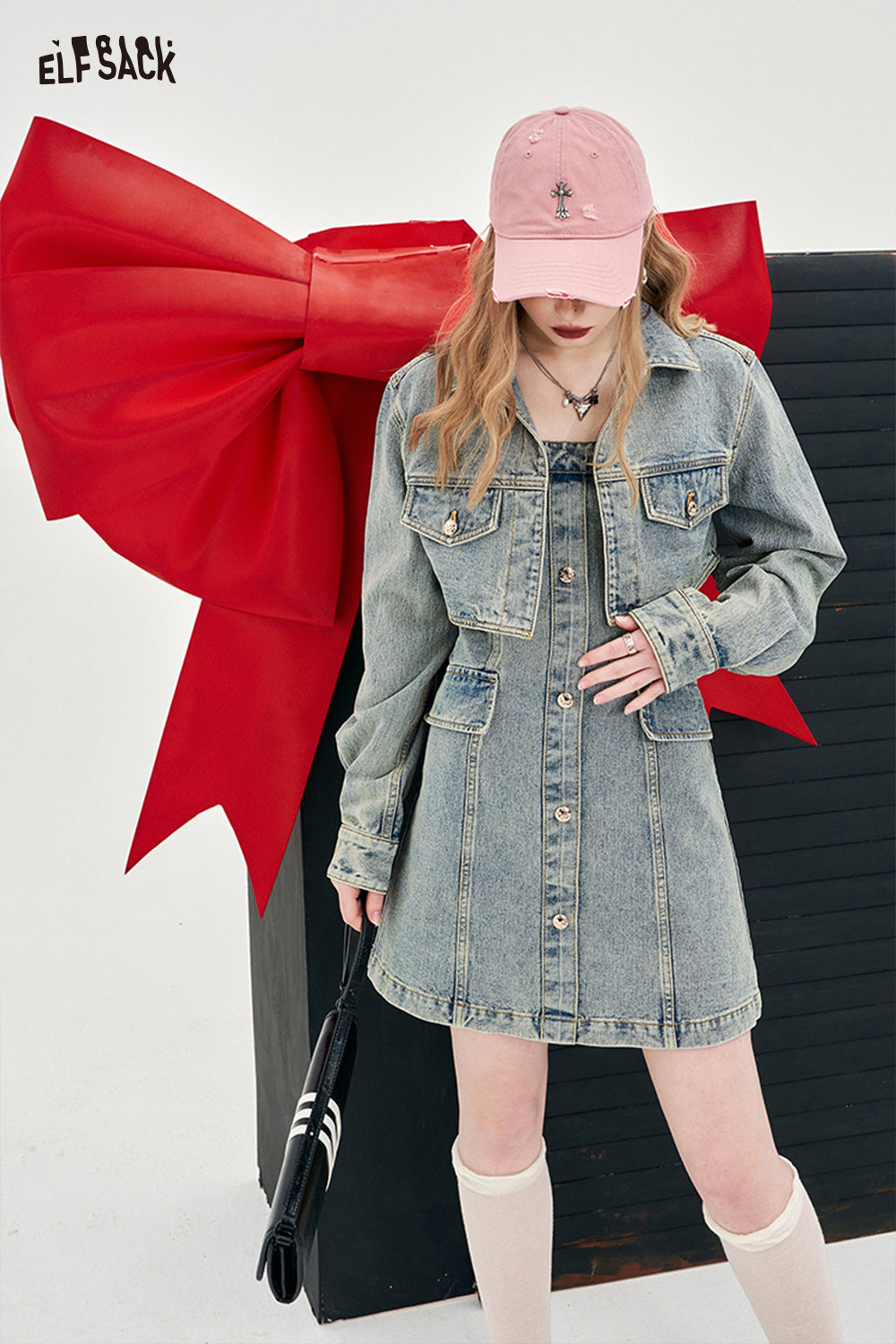ELFSACK American style spring slim denim dress set young and sweet style dress A pendulum short length button front dress