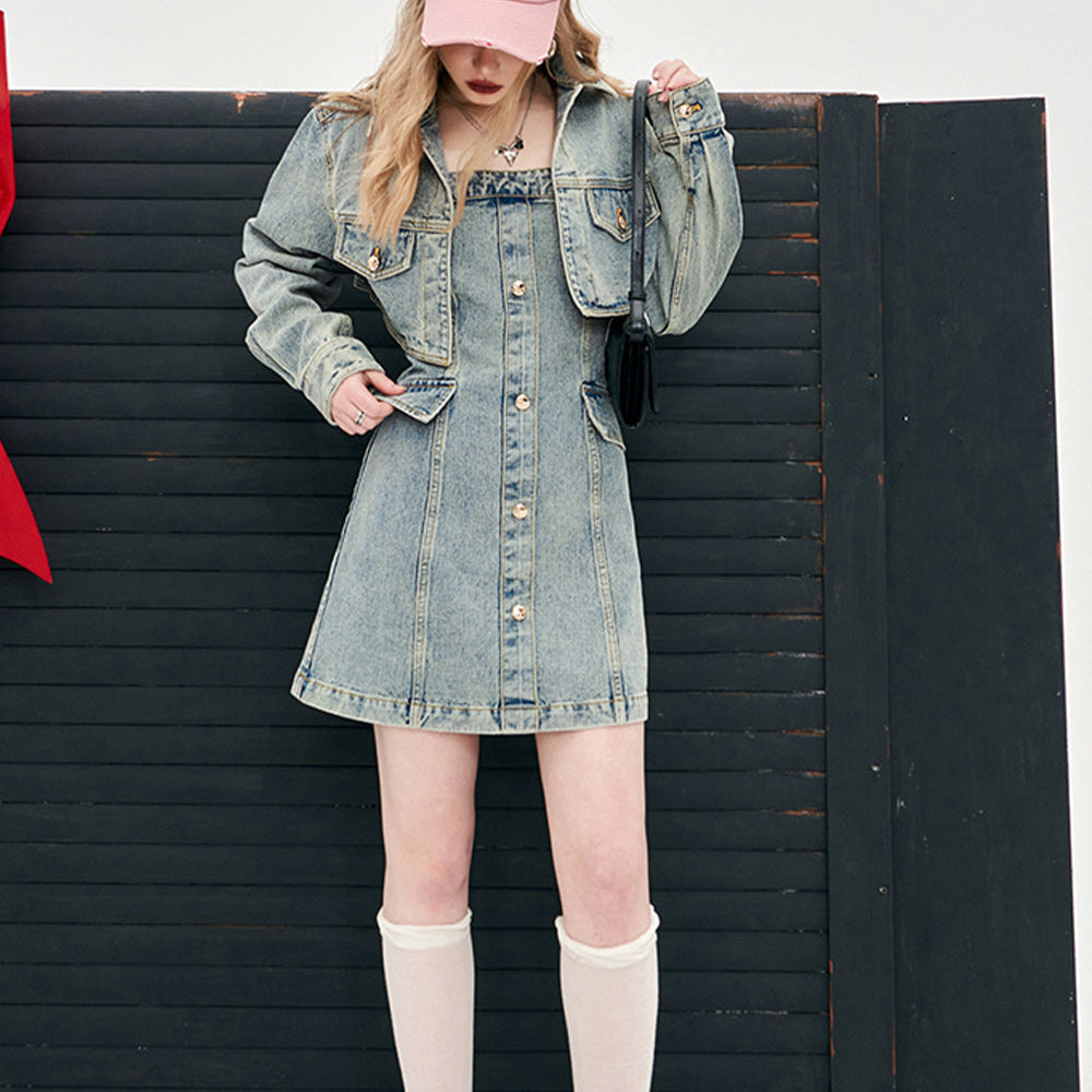 
                  
                    ELFSACK American style 2024 spring new slim denim dress set young and sweet style dress A pendulum short length button front dress
                  
                