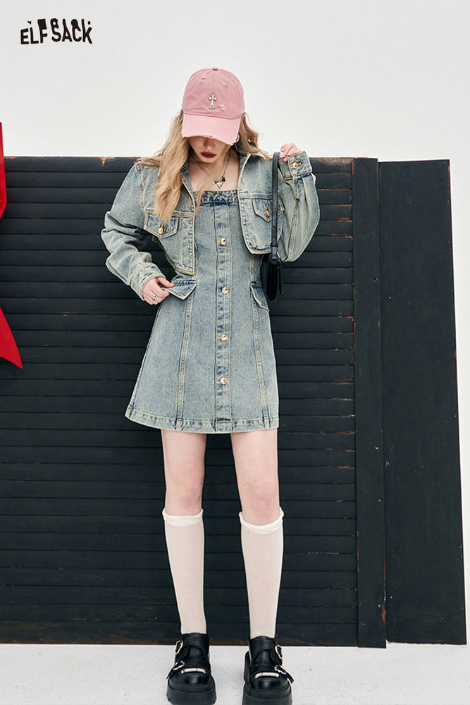 
                  
                    ELFSACK American style 2024 spring new slim denim dress set young and sweet style dress A pendulum short length button front dress
                  
                