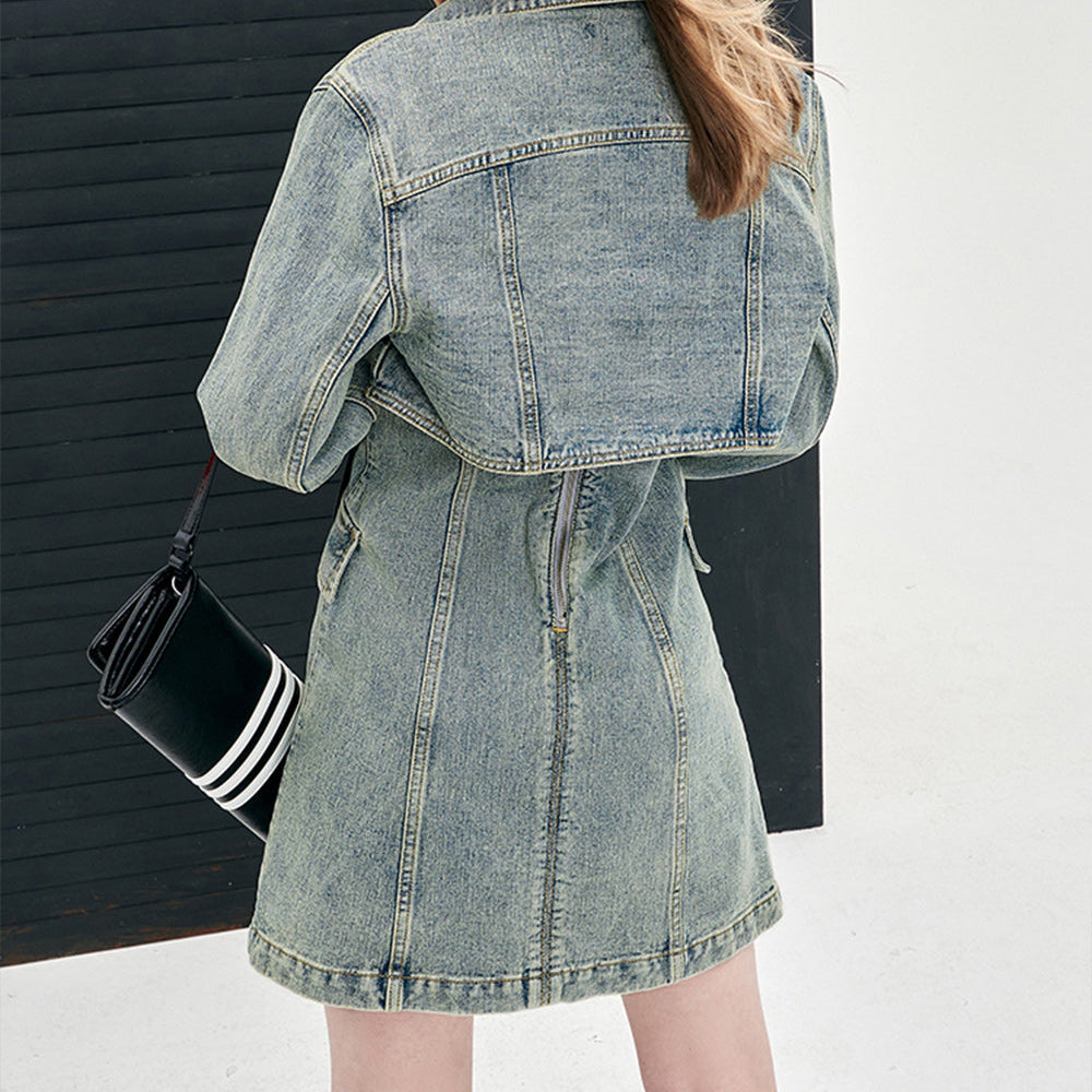 
                  
                    ELFSACK American style 2024 spring new slim denim dress set young and sweet style dress A pendulum short length button front dress
                  
                