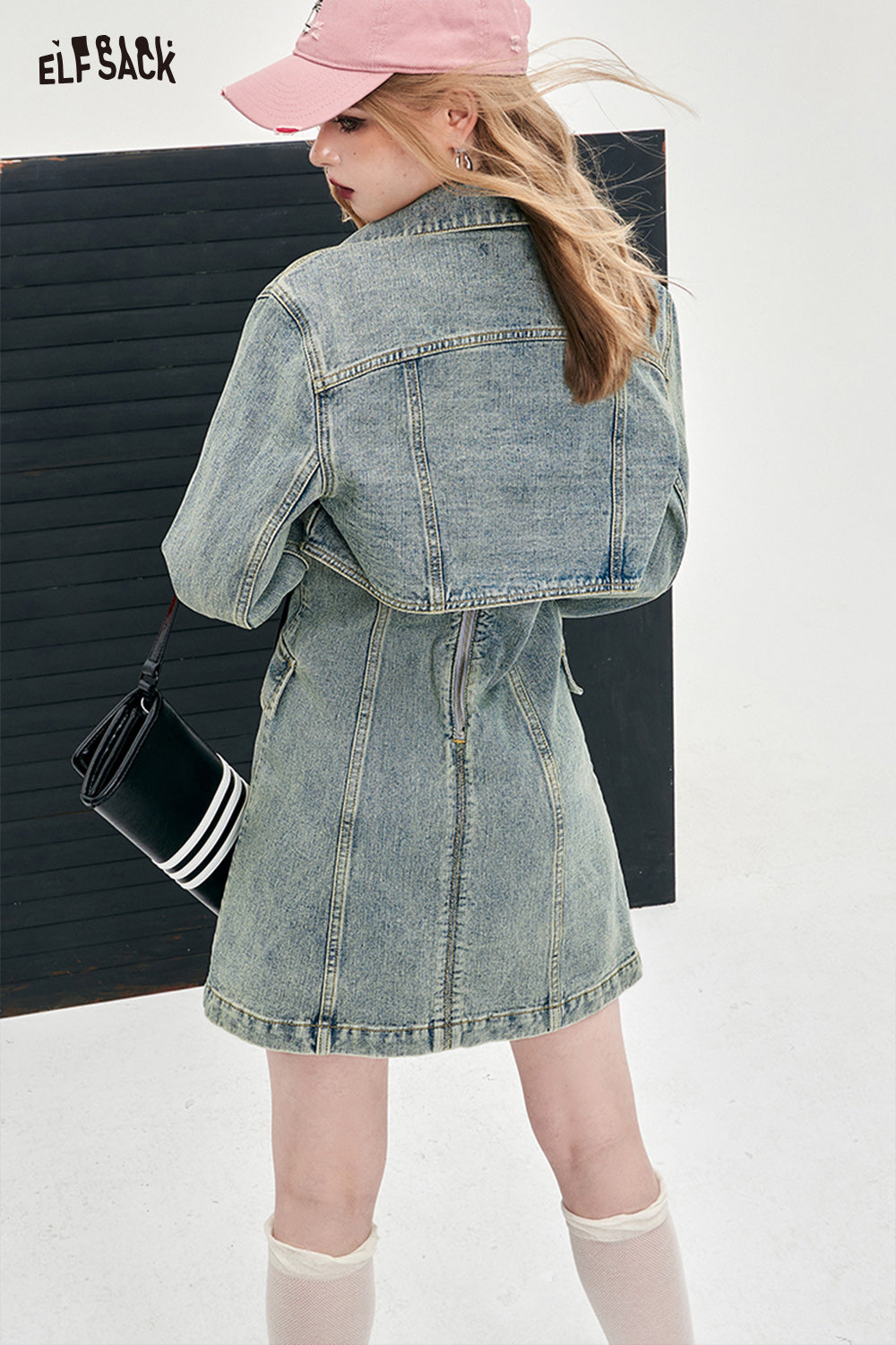 ELFSACK American style spring slim denim dress set young and sweet style dress A pendulum short length button front dress