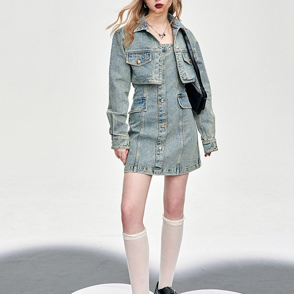 
                  
                    ELFSACK American style 2024 spring new slim denim dress set young and sweet style dress A pendulum short length button front dress
                  
                