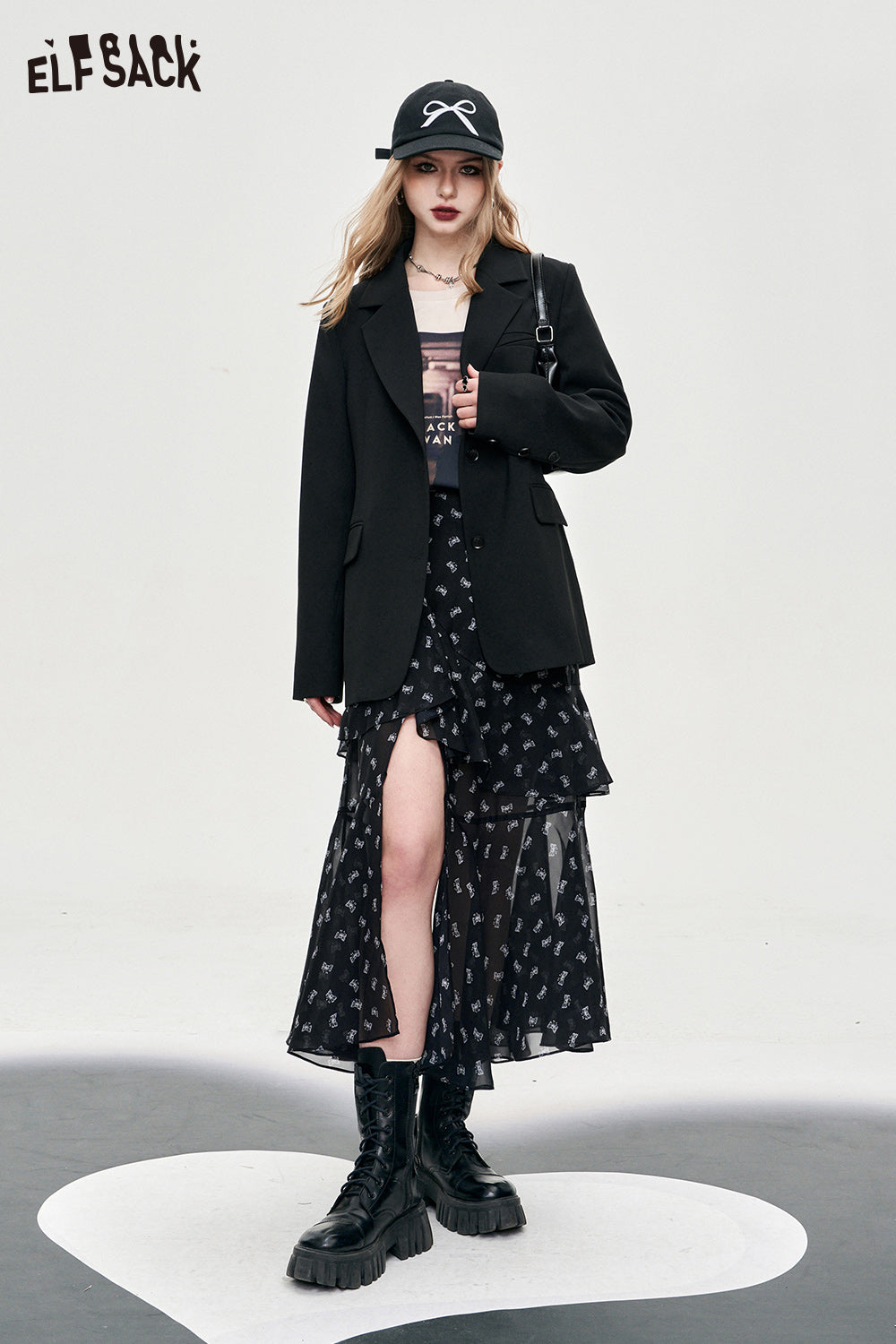 ELFSACK versatile high rise slit floral printing dress for women 2024 spring thin new mid long length A pendulum irregular skirt