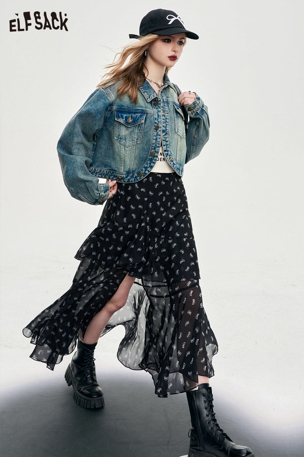 ELFSACK versatile high rise slit floral printing dress spring thin mid long length A pendulum irregular skirt