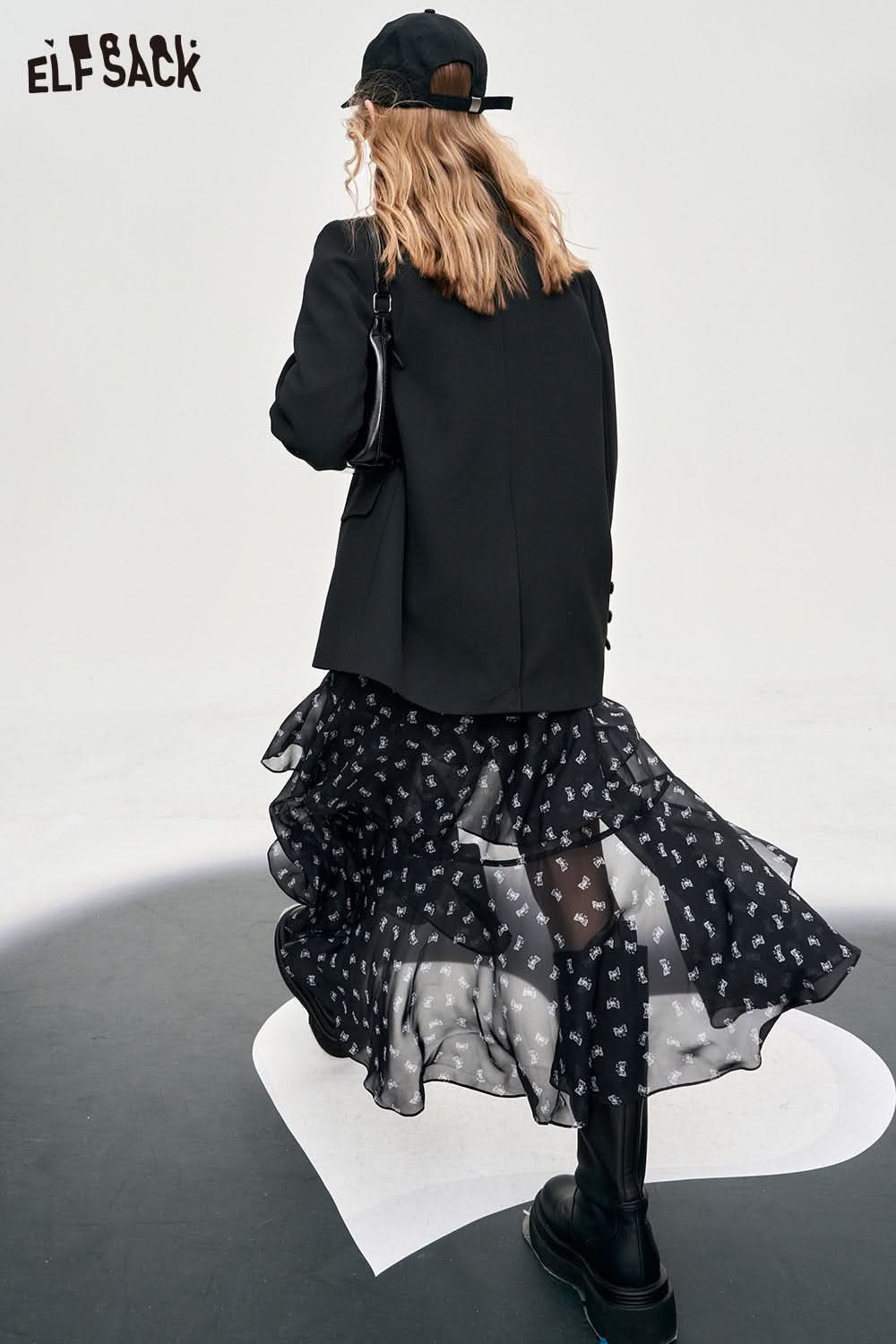 ELFSACK versatile high rise slit floral printing dress spring thin mid long length A pendulum irregular skirt