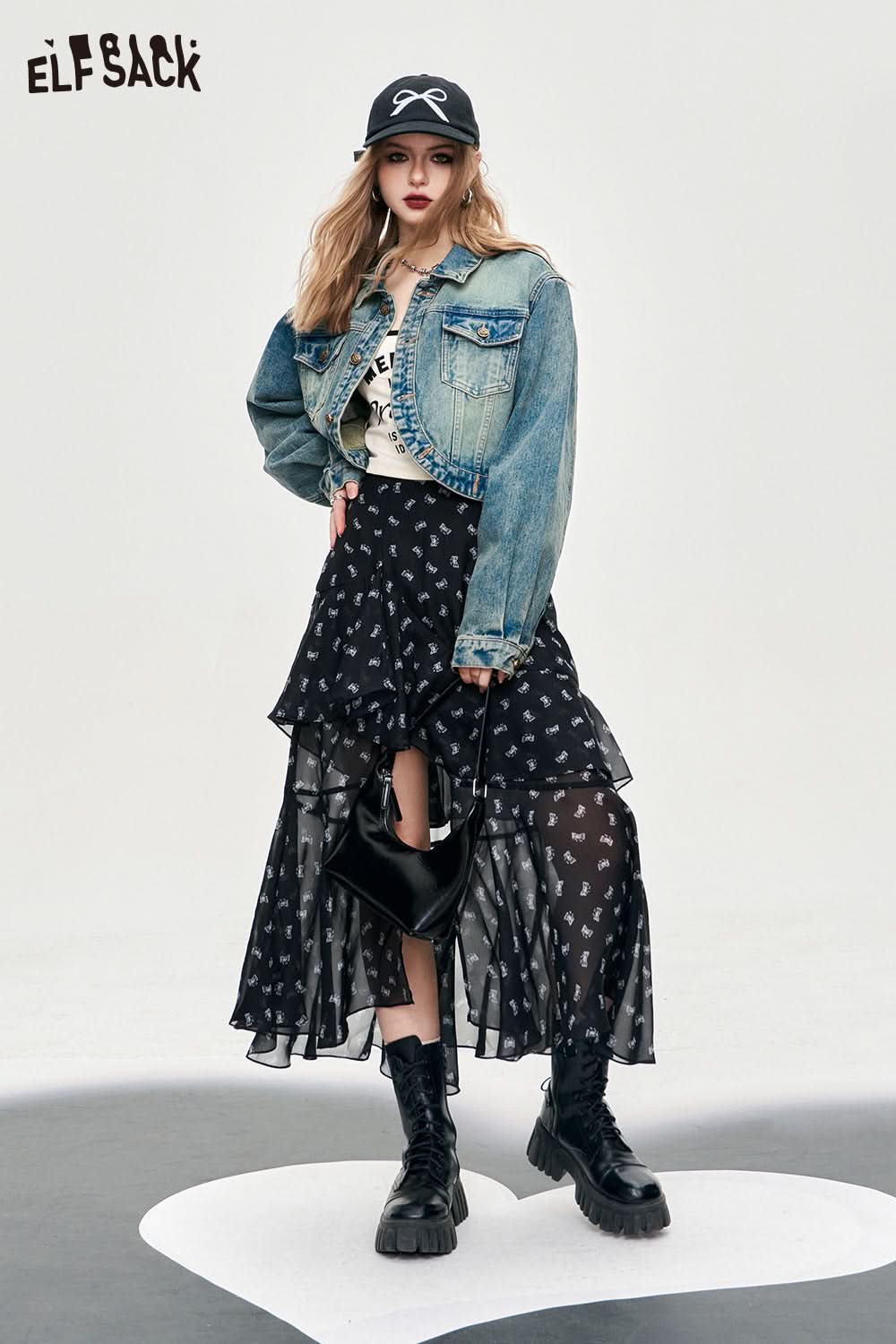 ELFSACK versatile high rise slit floral printing dress spring thin mid long length A pendulum irregular skirt