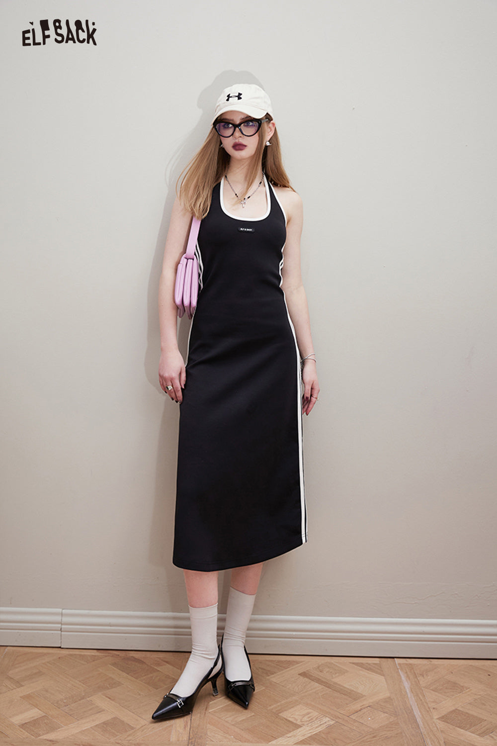 ELFSACK Sports style black suspender dress for women's spring 2024 new slimming hanging neck long skirt