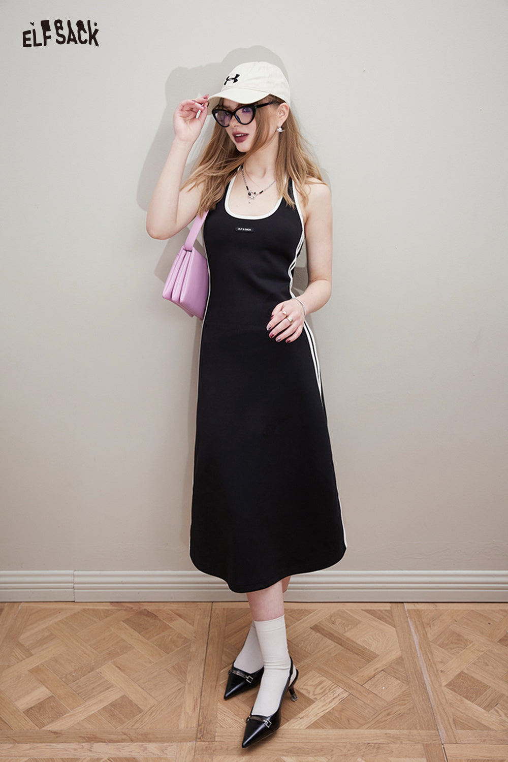 ELFSACK Sports style black suspender dress's spring slimming hanging neck long skirt