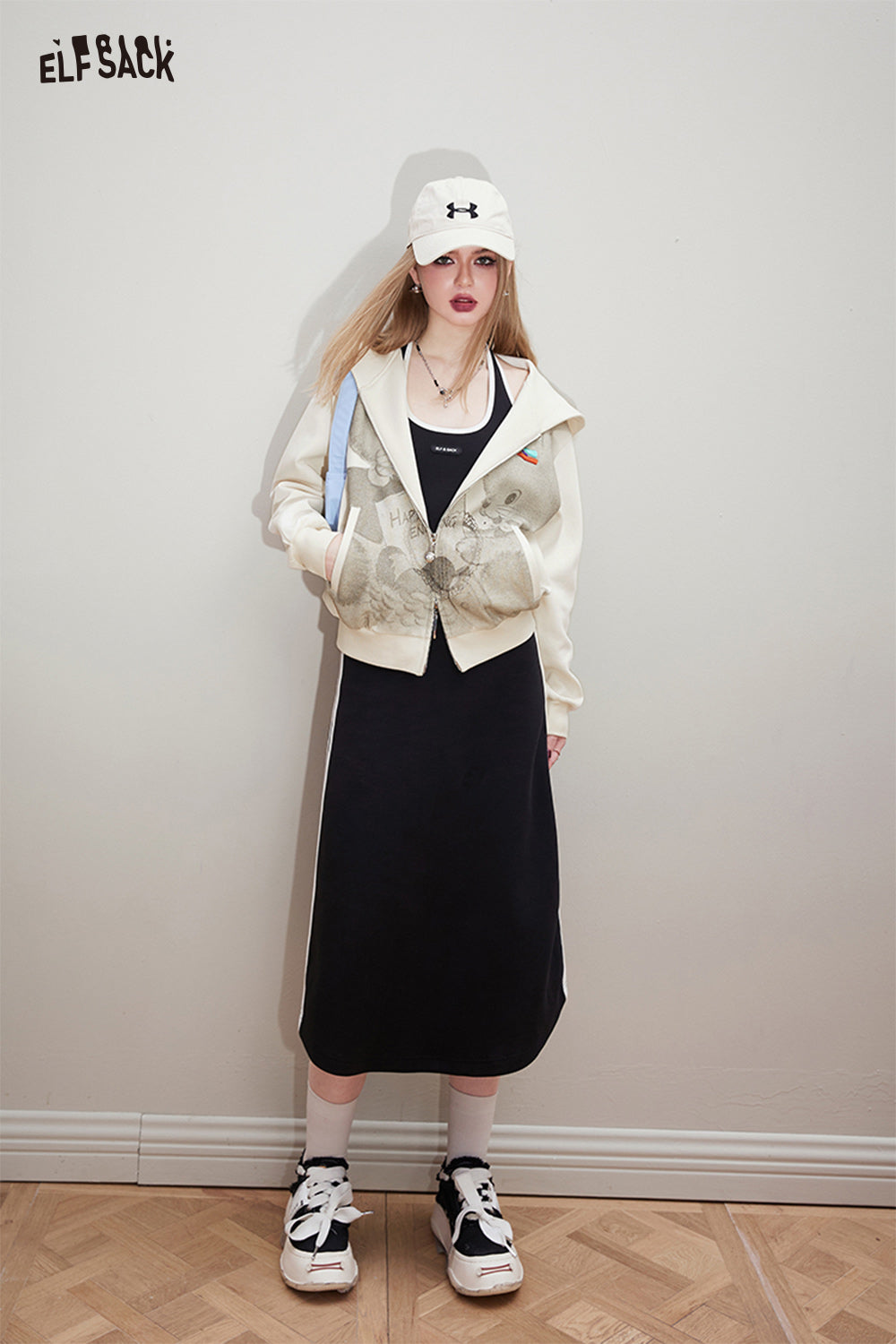 ELFSACK Sports style black suspender dress's spring slimming hanging neck long skirt