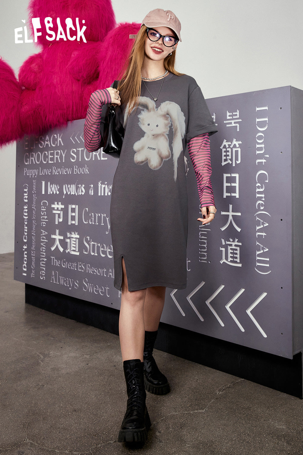 ELFSACK Fake two rabbit printed t-shirt dresses's spring slimming loose fitting dress