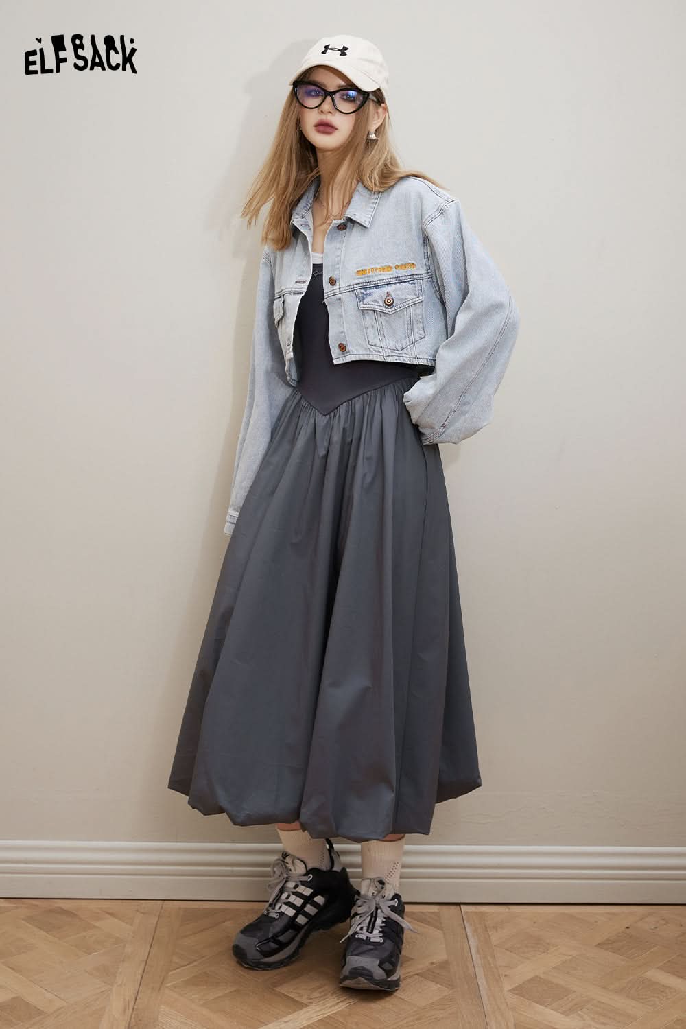 ELFSACK Knitted splicing slim fit suspender dress's small stature design feeling skirt