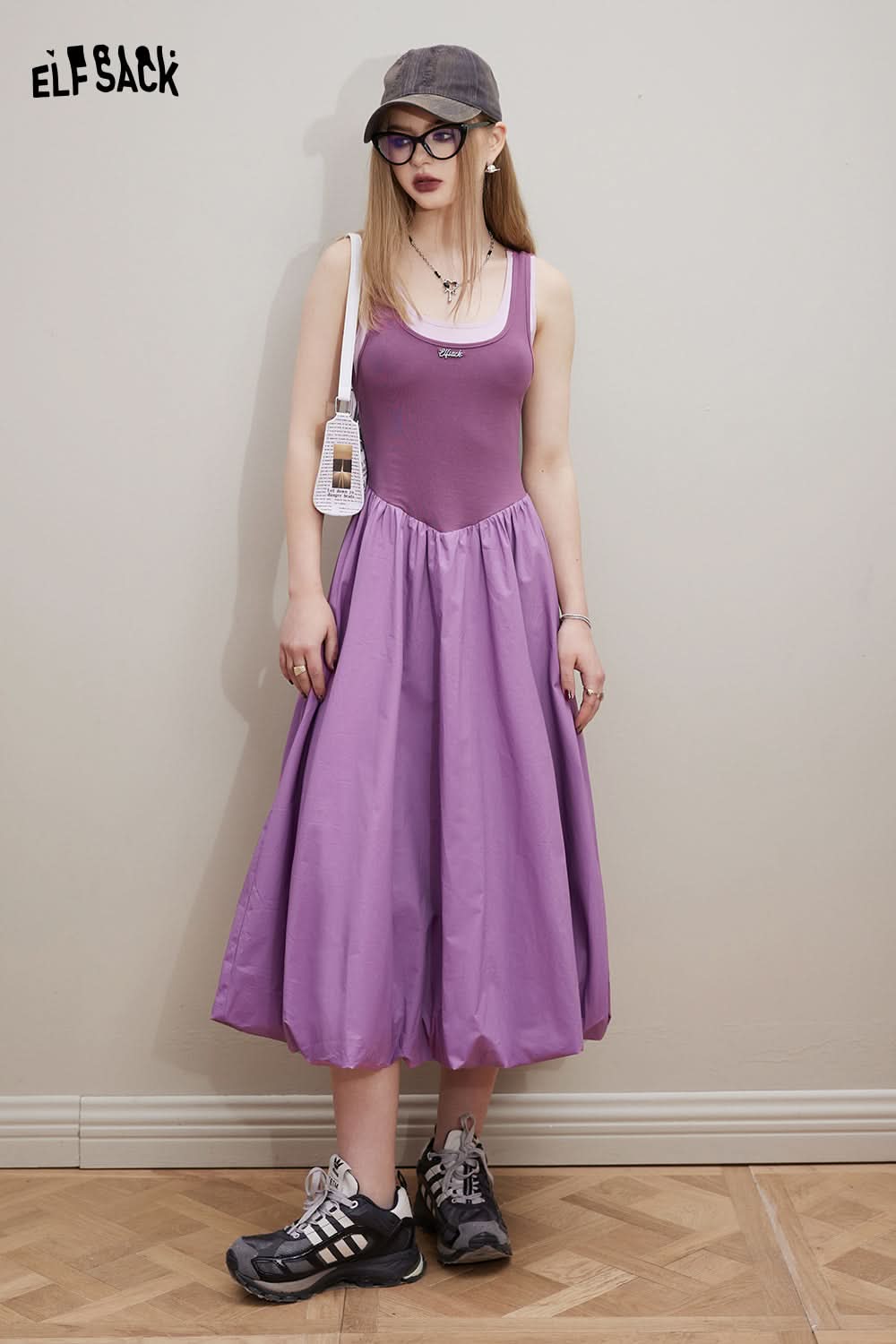 ELFSACK Knitted splicing slim fit suspender dress's small stature design feeling skirt