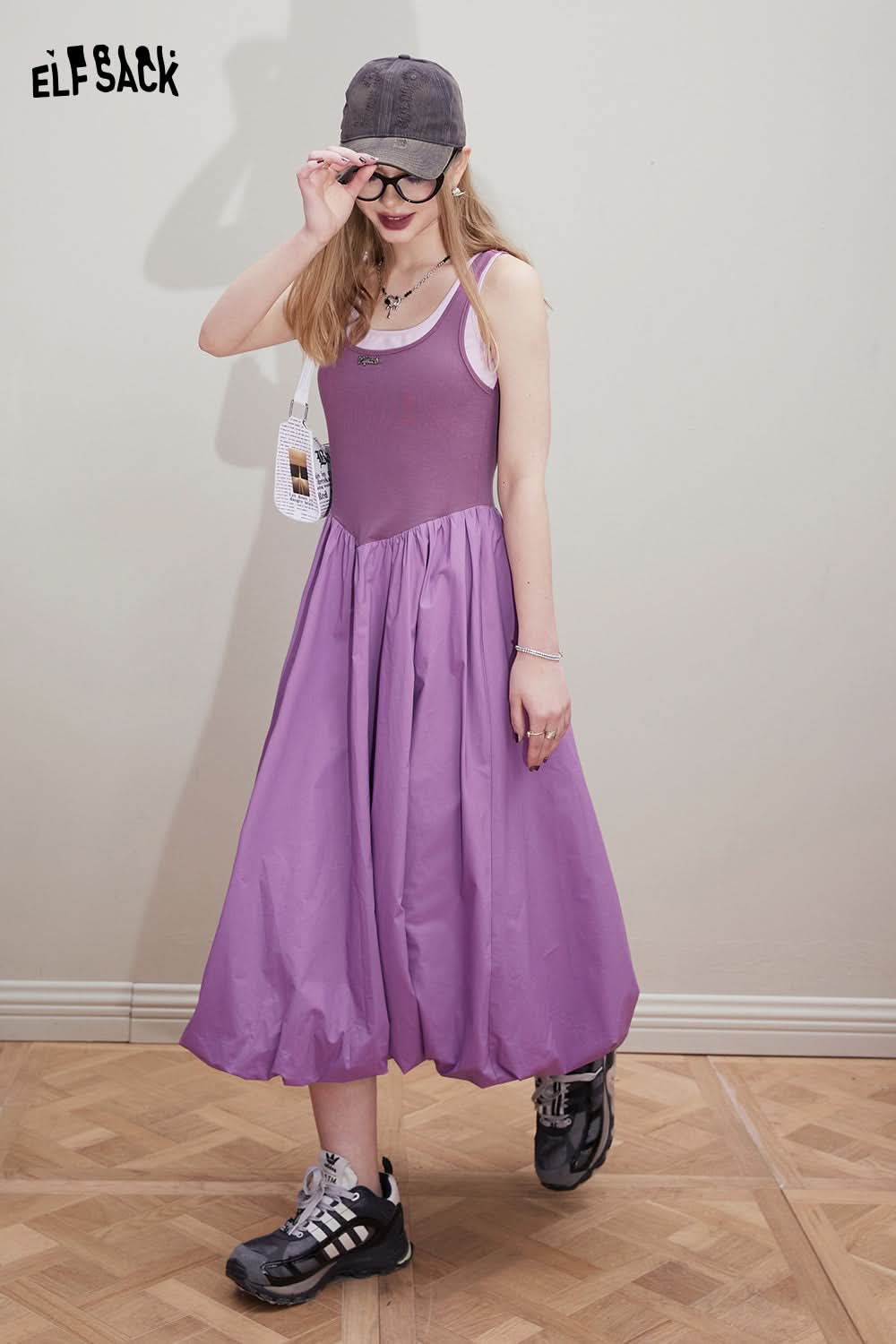 ELFSACK Knitted splicing slim fit suspender dress's small stature design feeling skirt