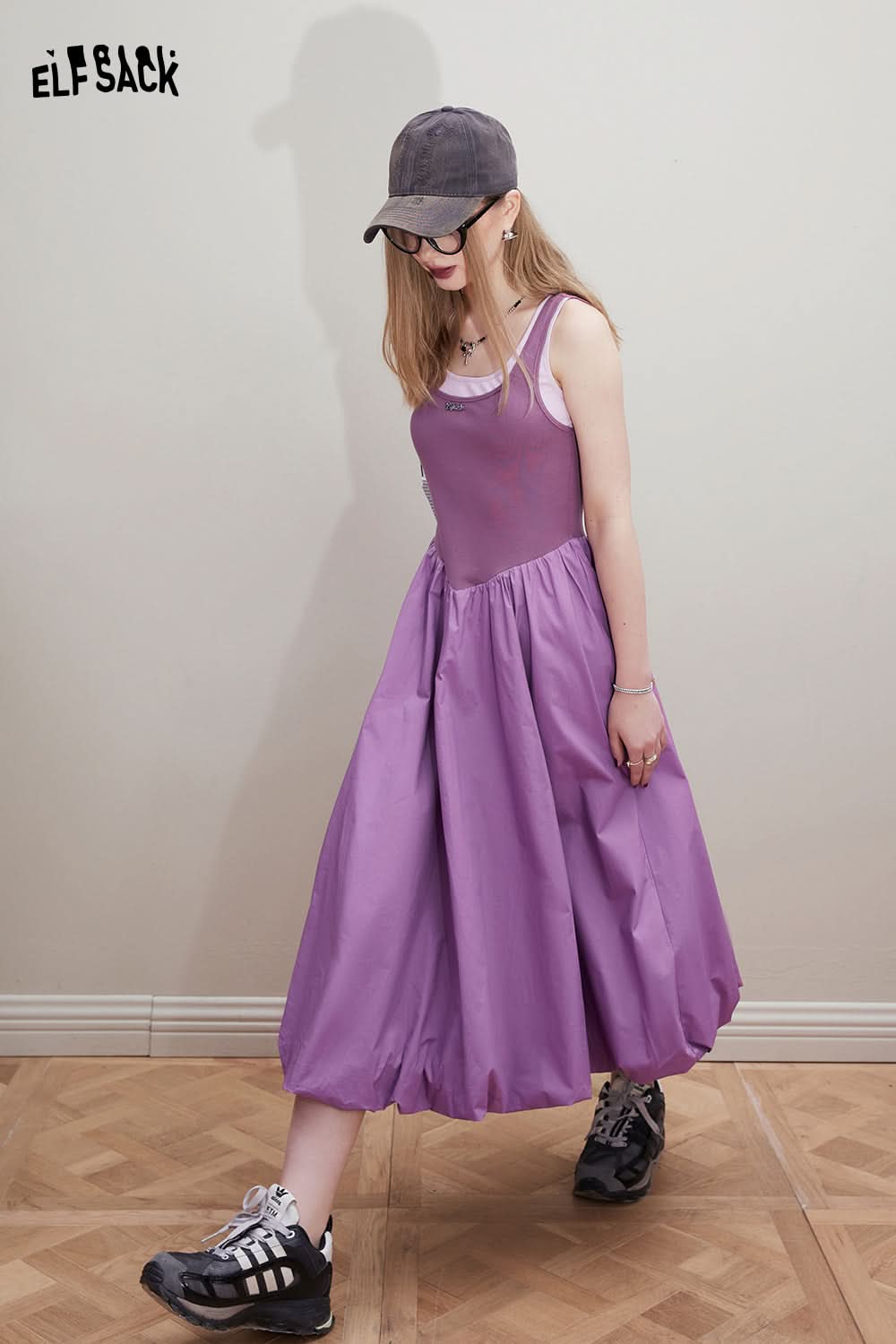 ELFSACK Knitted splicing slim fit suspender dress's small stature design feeling skirt