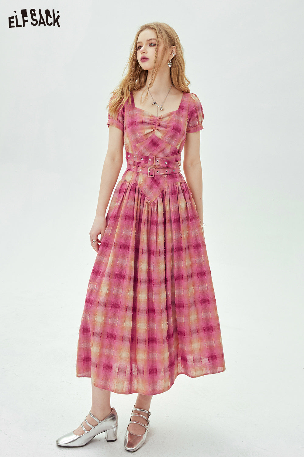 ELFSACK Bubble sleeve plaid dress in spring, casual waist tightening and slimming princess dress