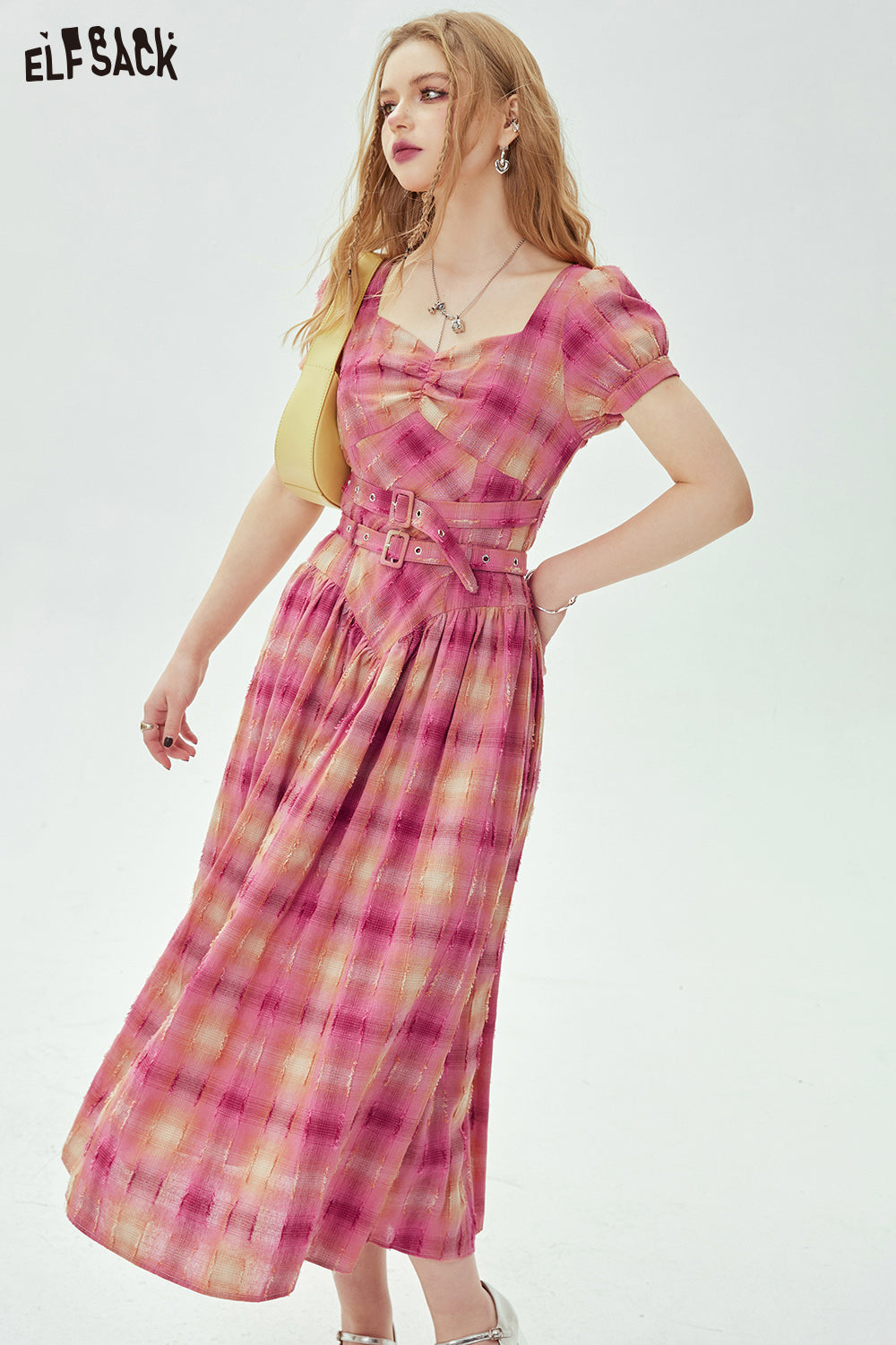 ELFSACK Bubble sleeve plaid dress in spring, casual waist tightening and slimming princess dress